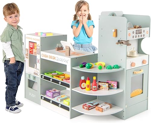 HONEY JOY Juego de tienda de comestibles para niños, tienda de juegos de madera con cafetera y máquina expendedora, soporte de supermercado para