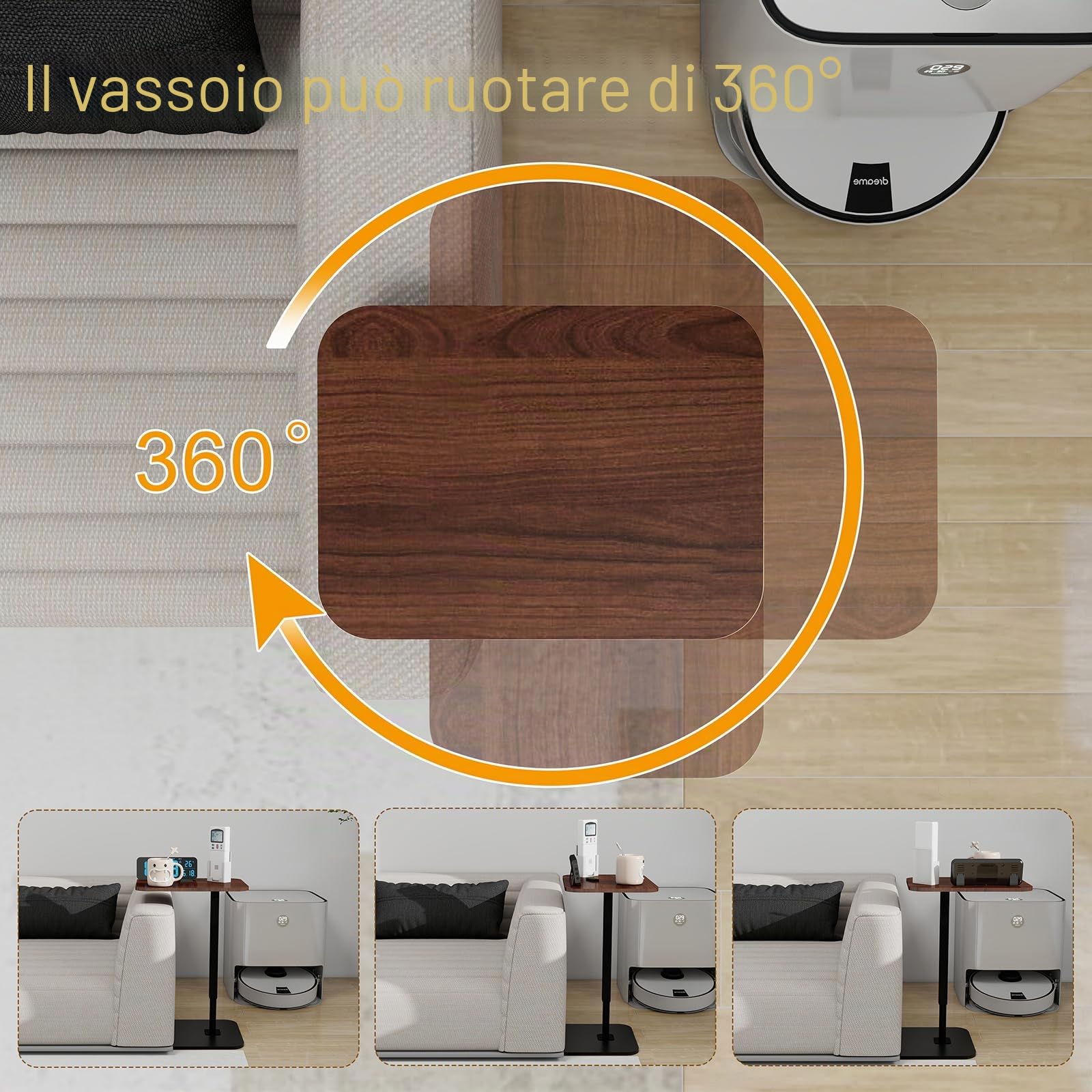 Tavolino in Legno Tavolino Ausiliario per Divano e Letto Tavolini a Forma di C Girevole a 360° Comodino Per Soggiorno, Divano, Letto