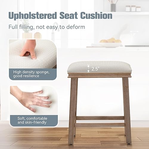 Miniatura 6 de Juego de 4 taburetes de bar de madera maciza blanca para encimera de cocina, taburetes de bar costeros con taburetes tapizados de piel sintética