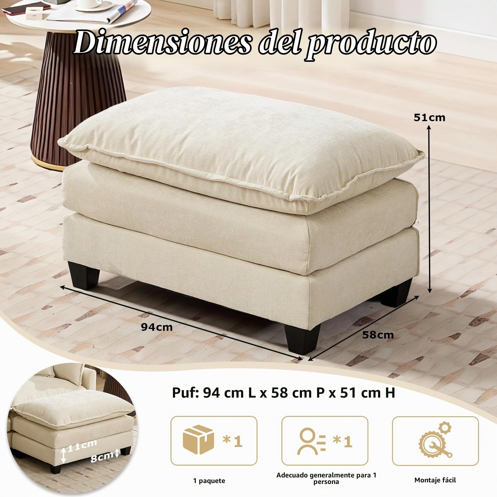 Puff chenilla beige con cojines dobles, accesorio para sillón individual | Tejido suave, resistente y transpirable, incluye cojines y reposabrazos. Ideal para salón, dormitorio y apartamento.