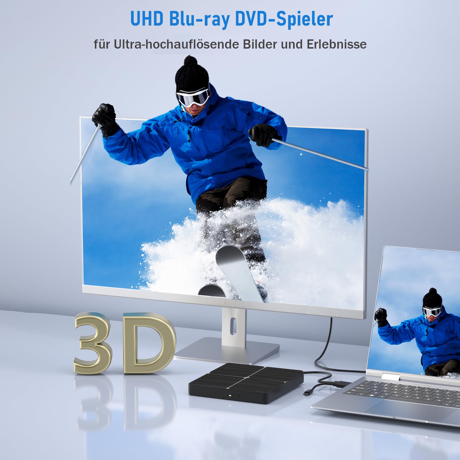 Yaeonku Externes Blu Ray CD DVD Laufwerk, USB 3.0 Typ-C 3D Bluray CD DVD BD Brenner Player Schlankes Bluray DVD Laufwerk für MacBook Laptop Desktop PC Laptop Kompatibel mit Mac OS Windows XP/7/8/10/11