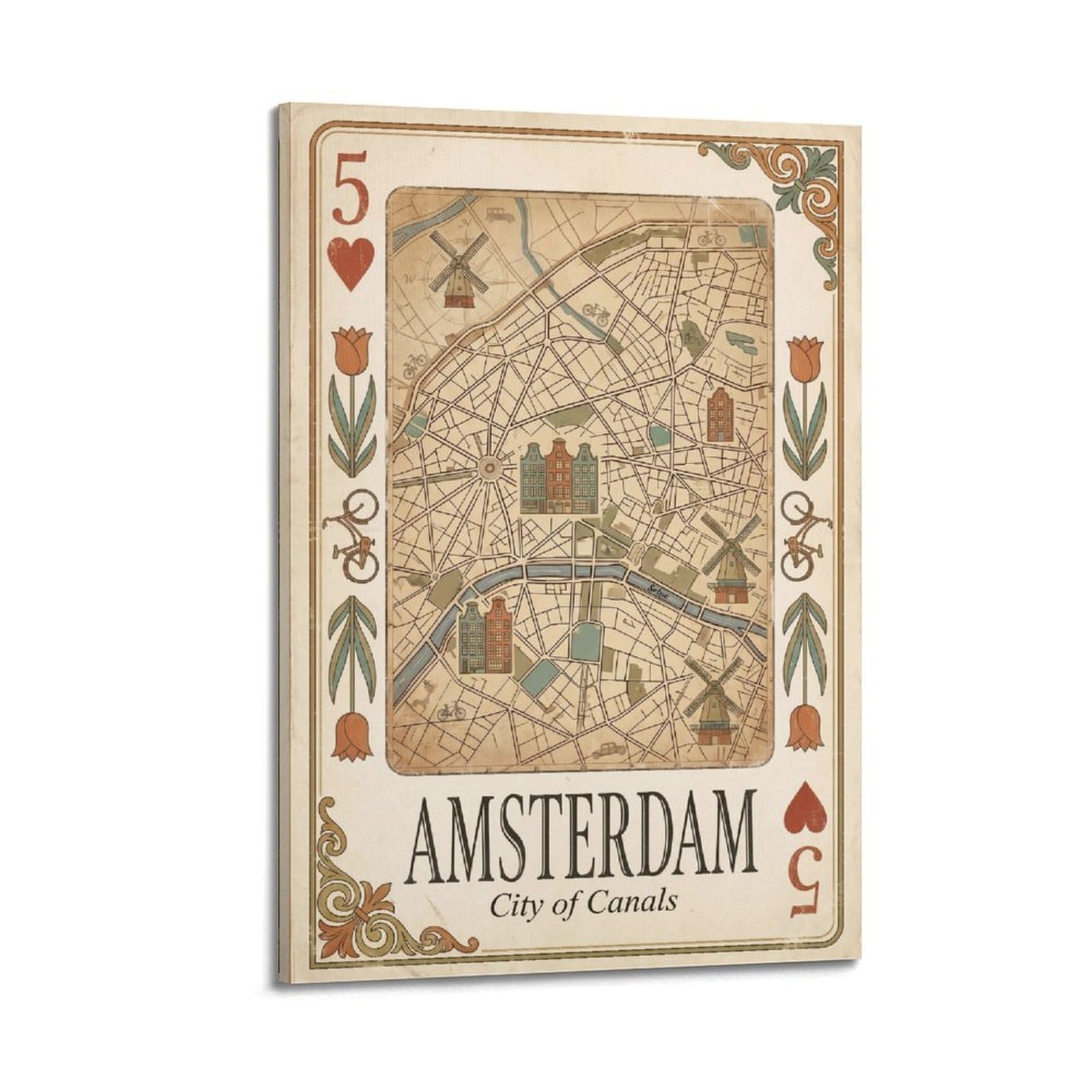 OKNGB Vintage City Map Poster Amsterdam Canals Playing Card Style Travel Decorative Painting Canvas Art Picture 20x30inch(50x75cm)