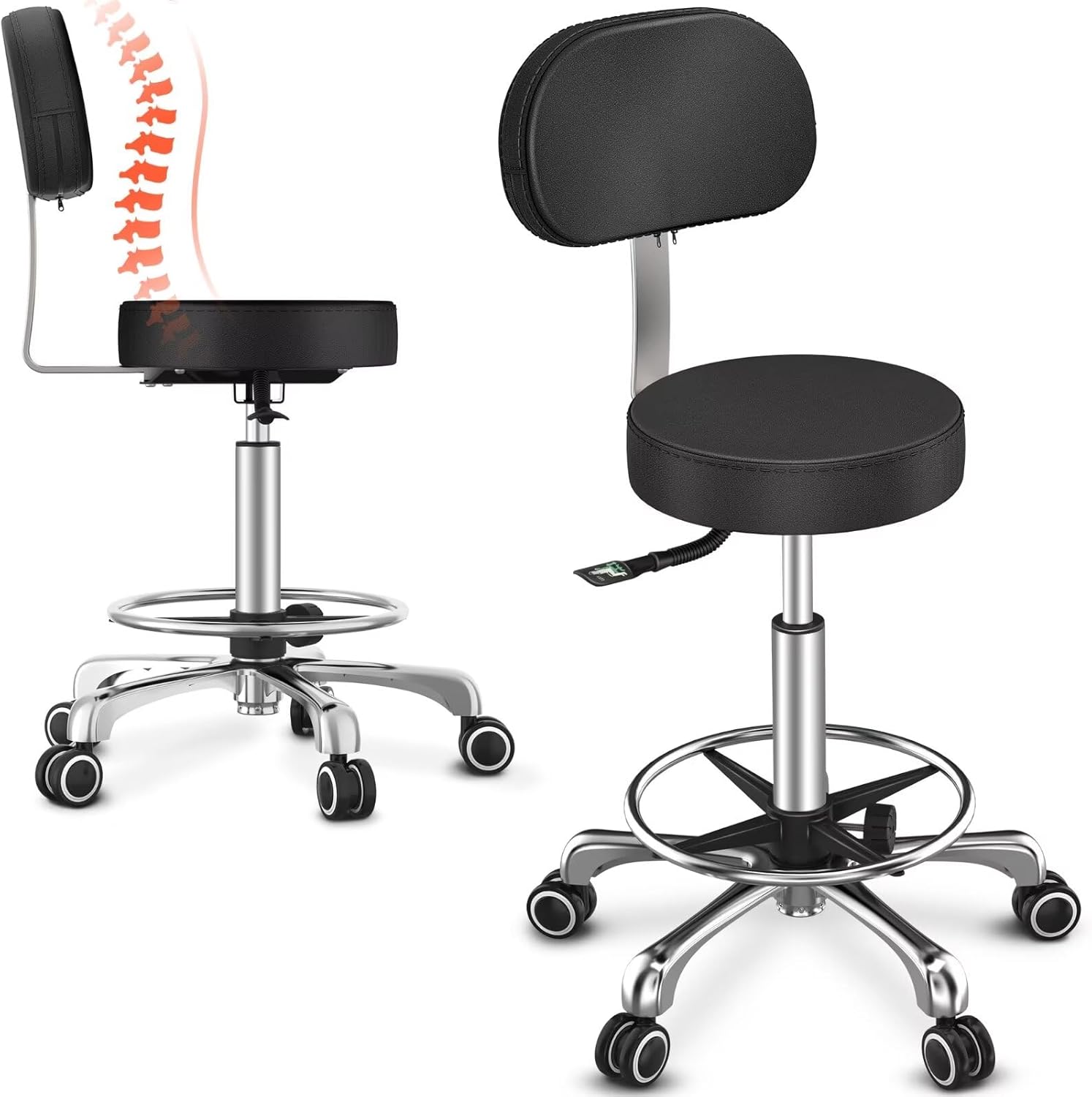 TASALON Rolling Stool with Back Support, Black Makeup Vanity Stool Chair, Adjustable Desk Chairs with Wheels, Ergonomic Office Chair with Foot Rest, 350 lbs Capacity Drafting Chair for Standing Desk