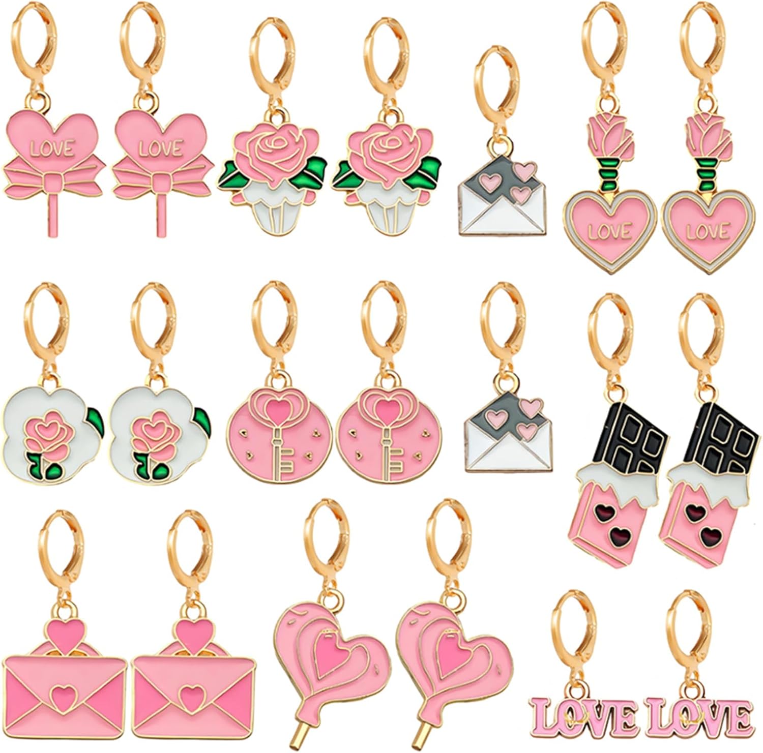 10 Pairs Romantic Valentines Day Earrings Set for Women Gold Plated Love Theme Enamel Dangle Earrings Pink and Red Hearts Roses Letters Earring Glitter Holiday Jewelry Gifts