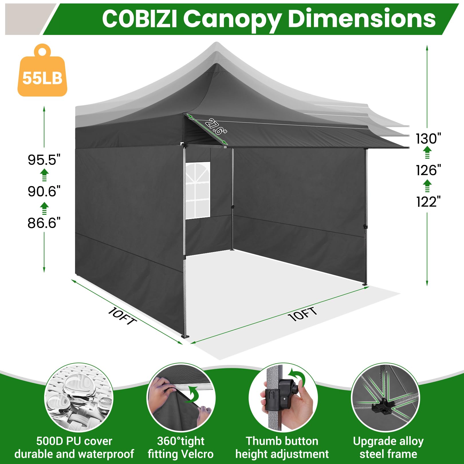 COBIZI 3x3m Tonnelle de Jardin Pliable, Tonnelle Pliable avec Auvent Extensible, Hauteur Réglable, Protection UV 50+, Convient pour Les Fêtes, L'extérieur, Le Commerce, Le Camping (Noir)