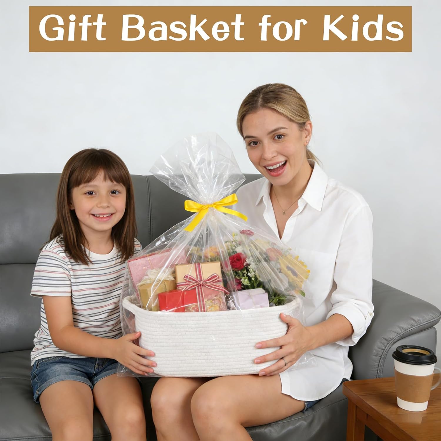 Large Empty Gift Baskets for Baby Shower with Handles 16" L x 12" W x 7" H Woven Storage Basket with Gift Bags and Ribbons Cat Dog Pet Toy Organizer Cute Cotton Rope Storage Basket, White