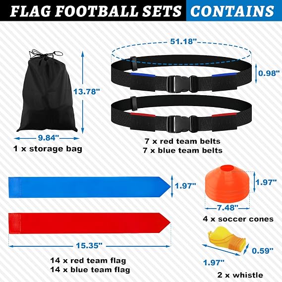 CHERAINTI Flag Football Belts Set, 14 Players Adjustable Extended Youth Flag Football Set for Kids, Teens & Adults, Ideal for Team Training and Outdoor Games, Includes Cones, Whistles & Carry Bag