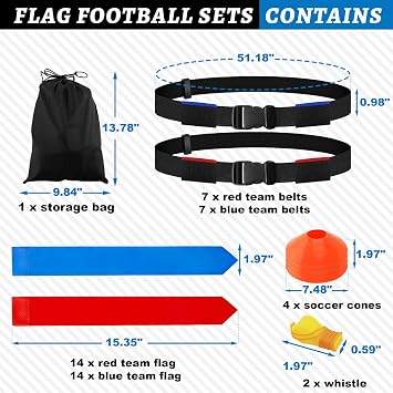 CHERAINTI Flag Football Belts Set, 14 Players Adjustable Extended Youth Flag Football Set for Kids, Teens & Adults, Ideal for Team Training and Outdoor Games, Includes Cones, Whistles & Carry Bag