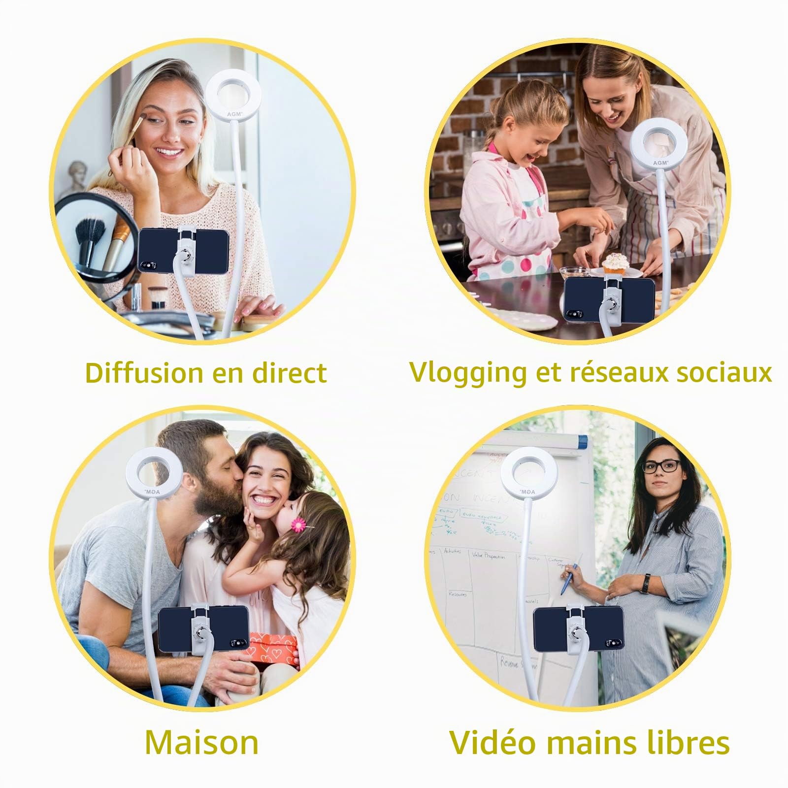 AGM Selfie Ring Light avec Col de Cygne 24", 3 Modes d'Eclairage, Support de Téléphone Portable, Lumière Dimmable pour Maquillage, Photos, Vidéos, Lectures, Live Streaming