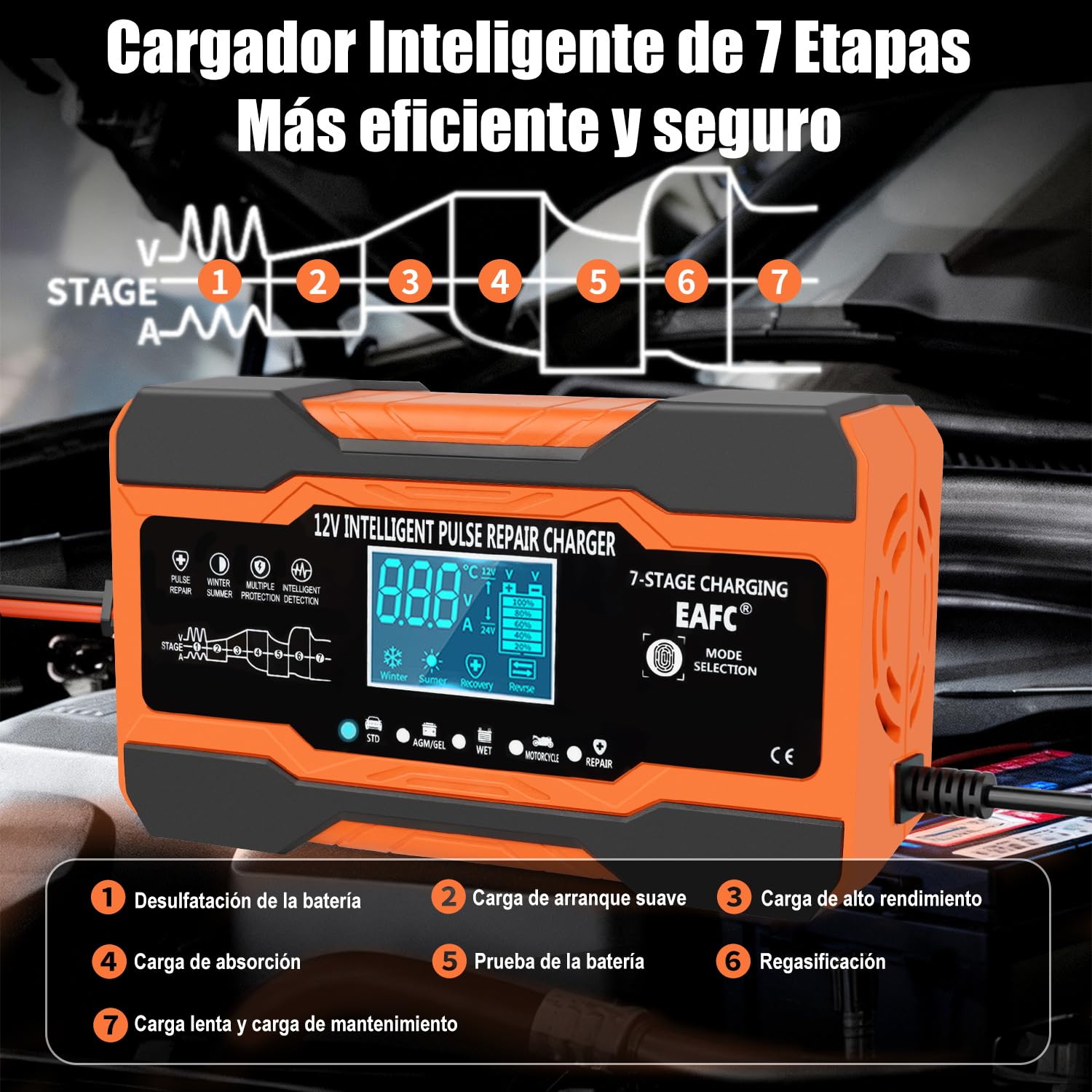 12A Cargador Baterias Coche Inteligente 12V, Mantenedor Bateria Moto para Baterías de Plomo-ácido, STD, AGM, Gel, SLA, Cable de 2m, Control Táctil, Compensación de Temperatura