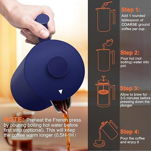 Miniatura 6 de Secura Cafetera de Prensa Francesa, Prensa de Café de Acero Inoxidable de Doble Pared Grado 304 con 2 Filtros Adicionales, 34 oz (1L), Azul