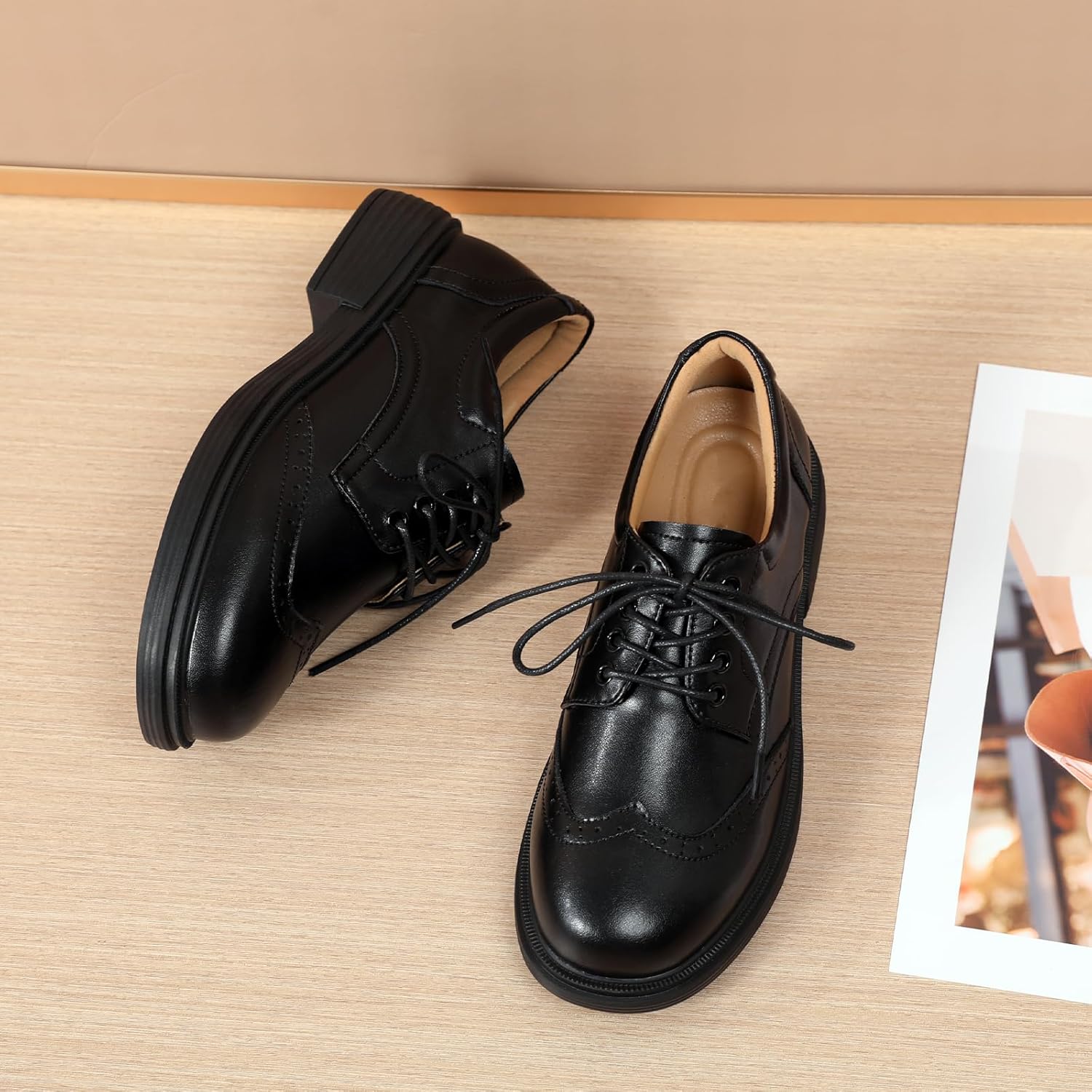 OKJ Oxford Shoes for Women Black Womens Oxfords Shoes Dressy Women's Casual Slip On Lace Up Loafers Vintage Shoes Business Dress Uniform Office Comfortable Non Slip Work Shoe - Image 7