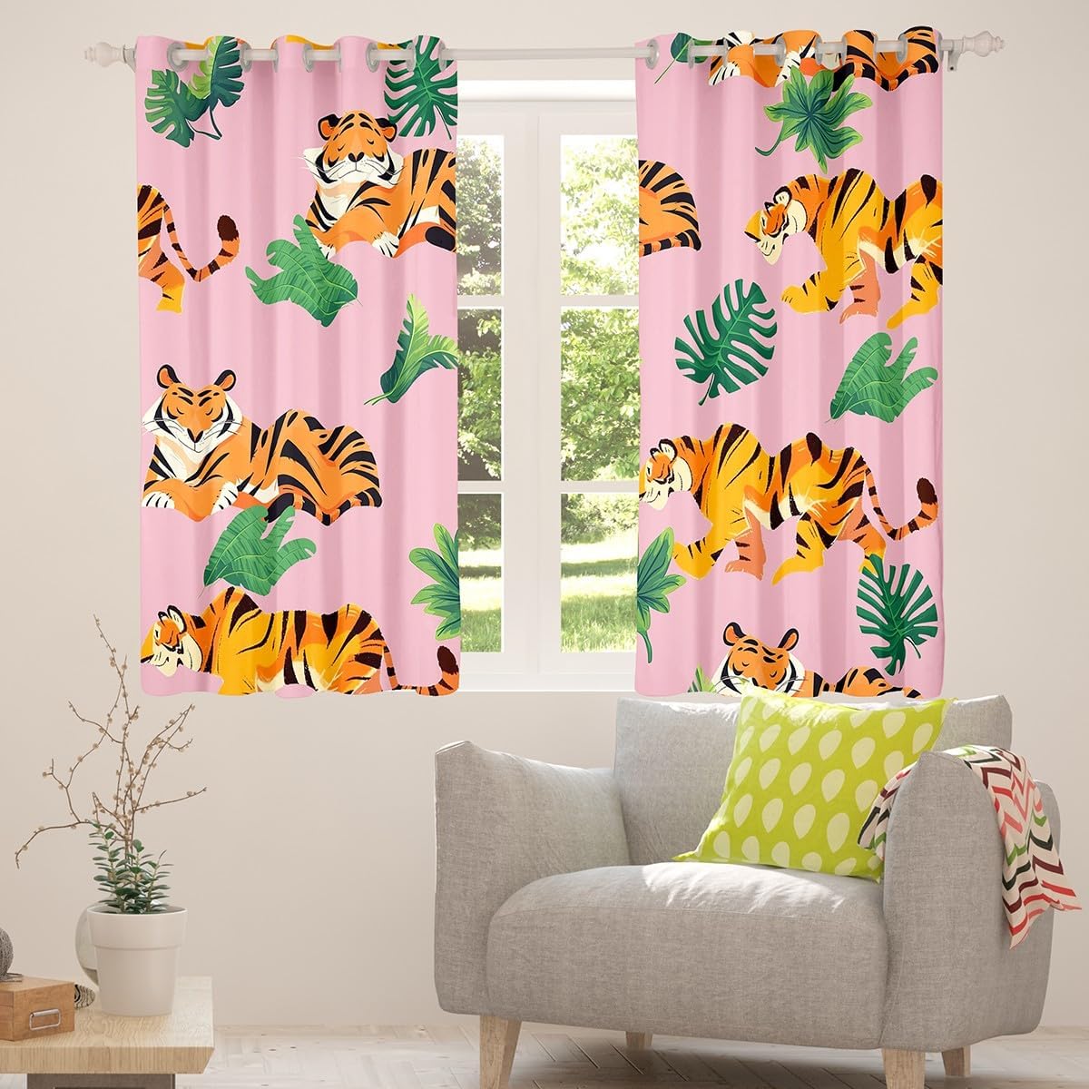 Cute Tiger Window Curtains Watercolor Tropical Green Palm Leaves Window Drapes for Kids Teens Adults Cartoon Wild Jungle Animals Curtains for Living Room 2 Panels 52Wx96L