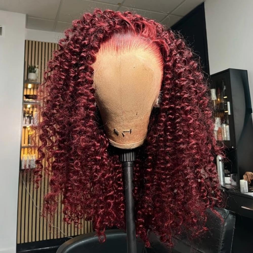 Haarpflege Kinky Curly Red Burgundy Farbe 13X4X1 Full Lace Frontal Perücke Prepuck Bleach Knot Glueless Perücken(24inches)