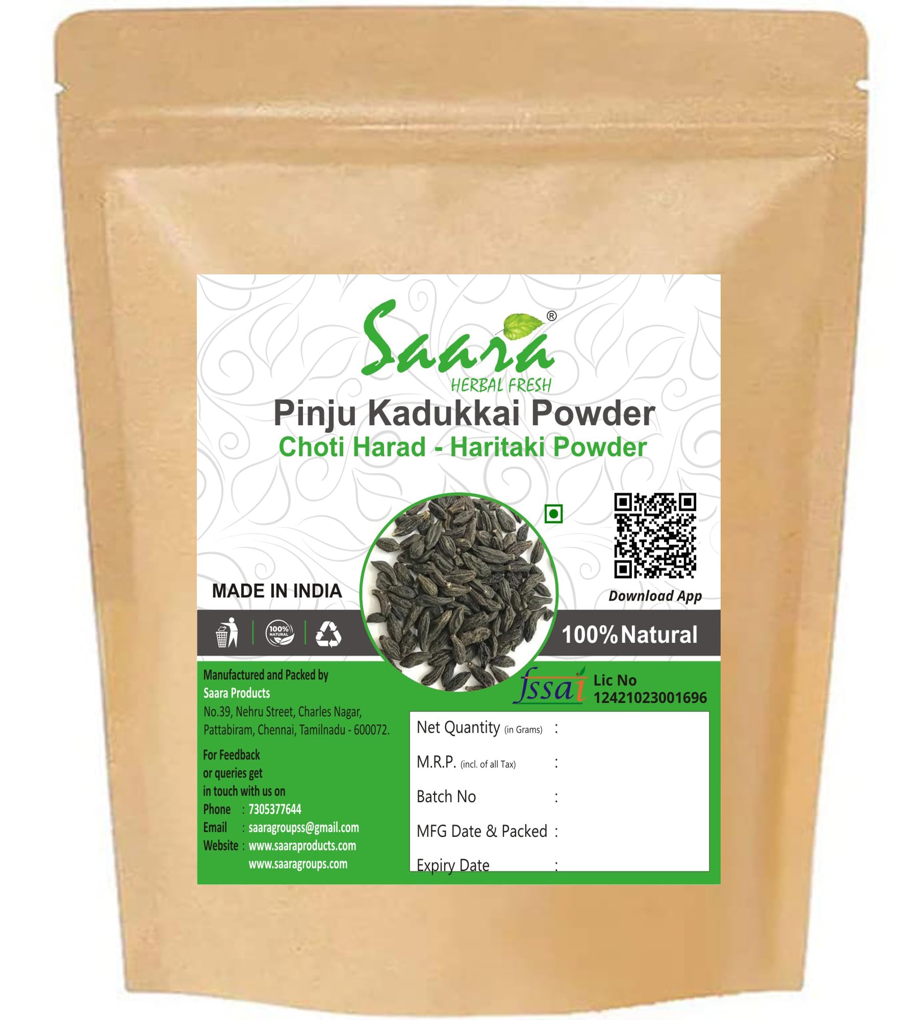 Saara HERBAL FRESH Pinju Kadukkai Powder, 100g, Small Inknut, Harad Choti, Katukkai Pinji, Black Himej Powder,(pack of 1 x 100g)
