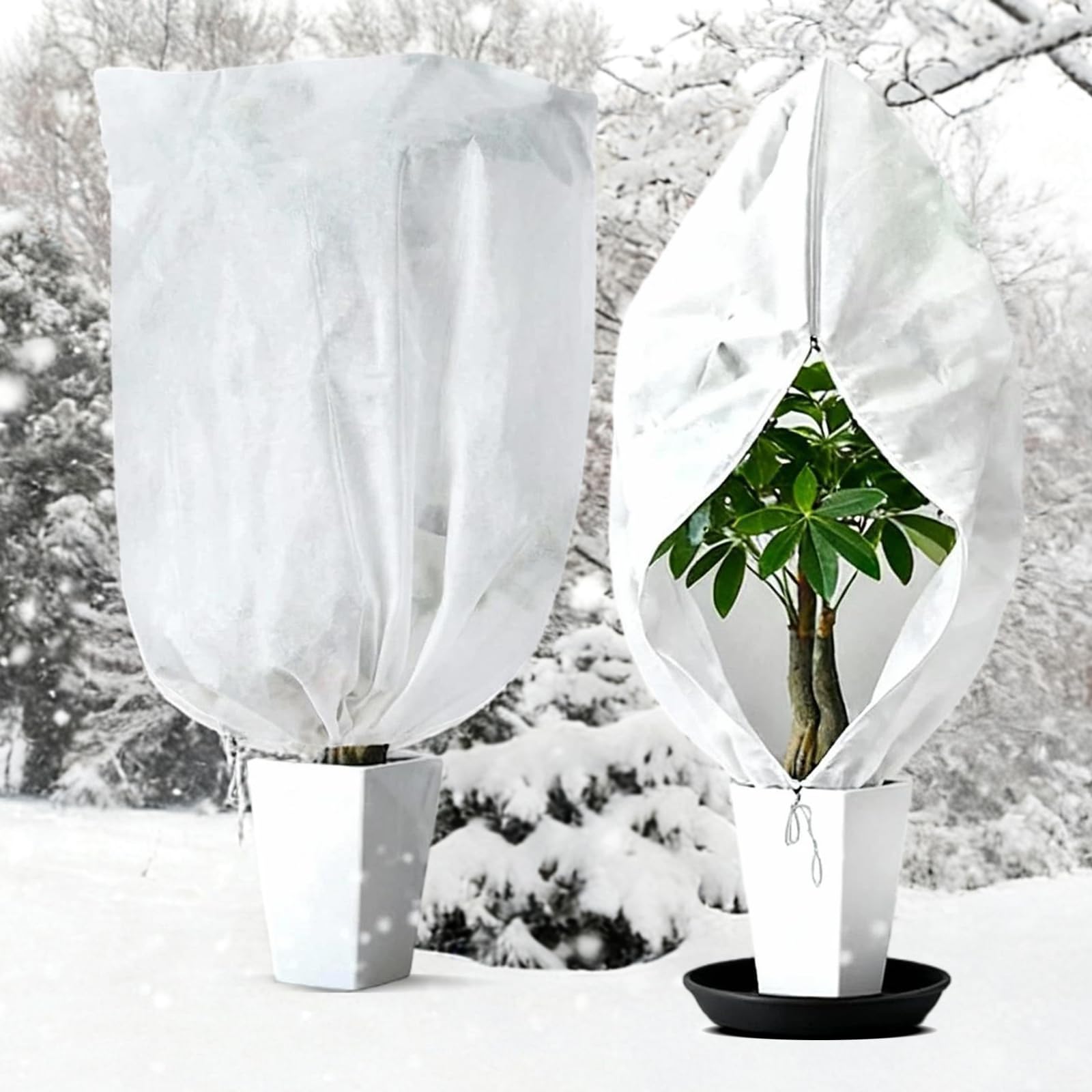 Bomiclss 2 Packs Plant Fleece Frost Protection 80 x 120cm / Zipper/Drawstring / 60gms, Winter Plant Cover Freeze Protection, Garden Fleece Bags for Fruit Tree Potted (White)