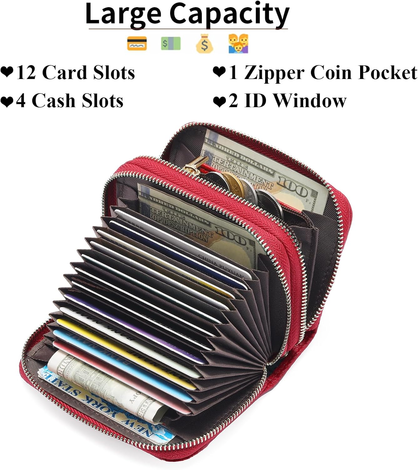 GOIACII RFID Credit Card Holder Wallet, Small Genuine Leather Wallet for Women 2 Zipper - Image 2