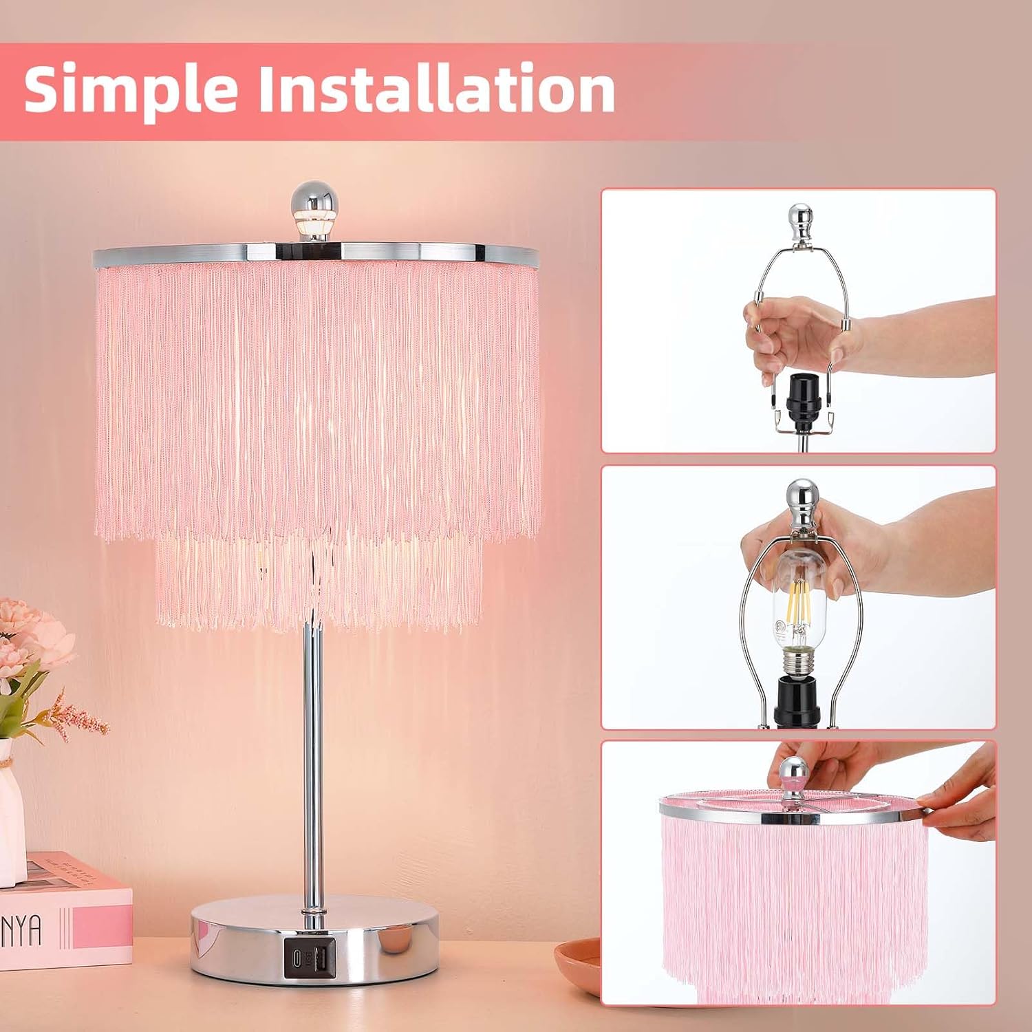 Pink Lamp for Girls Room, 3-Way Dimmable Touch Lamps with USB Port, Girls Lamp with Tassel Lampshade, Pink Table Lamp for Bedroom, Living Room, Dresser, Nightstand, LED Bulb Included