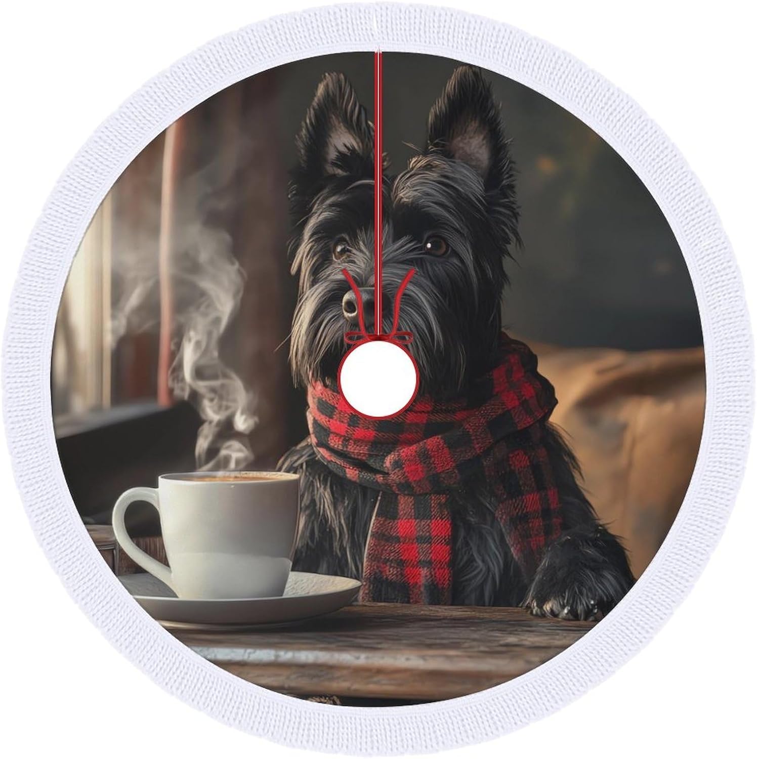 Cute Scottish Terrier Dog Christmas Tree Skirt Round Xmas Tree Mat Ornaments Tree Skirts with Tassels for Holiday Party
