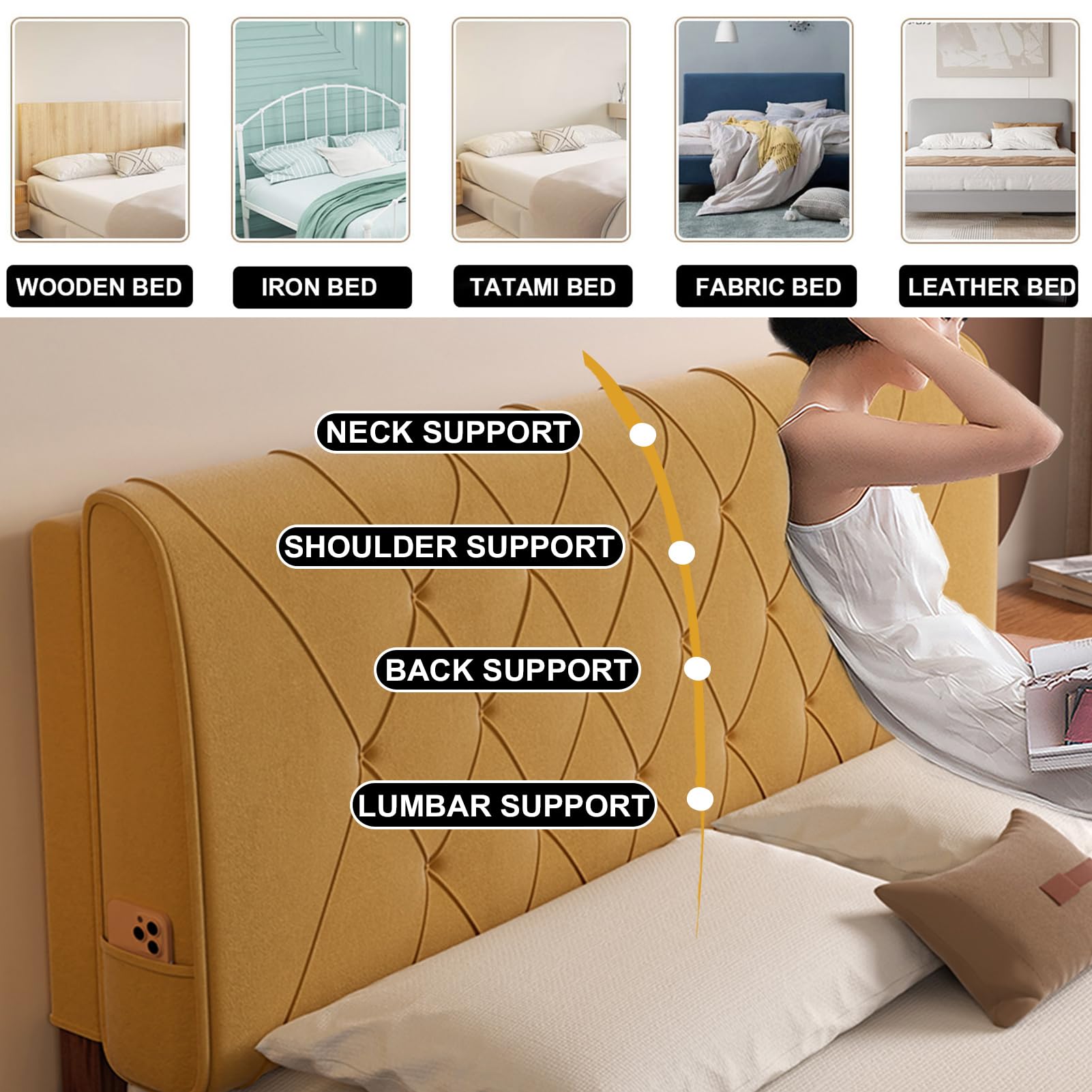 Cabecero rectangular con cojín grande de apoyo para pared, color sólido, tapizado, respaldo de dormitorio, funda extraíble, color amarillo, 59 x 23 x 4 pulgadas