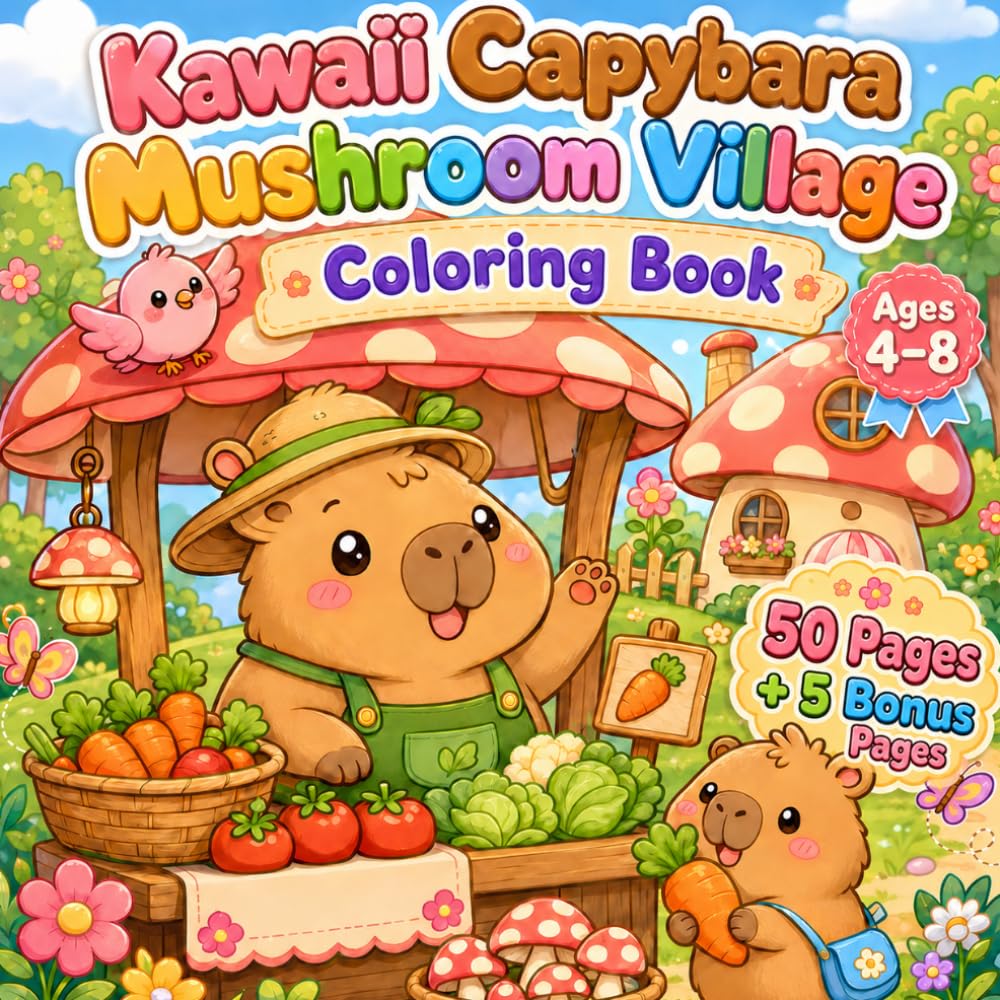 Cute Capybara Mushroom Village Coloring Book: Adorable Capybara, Cozy Cottage, Mushroom House & Kawaii Animal Coloring Pages for Kids Ages 4-8