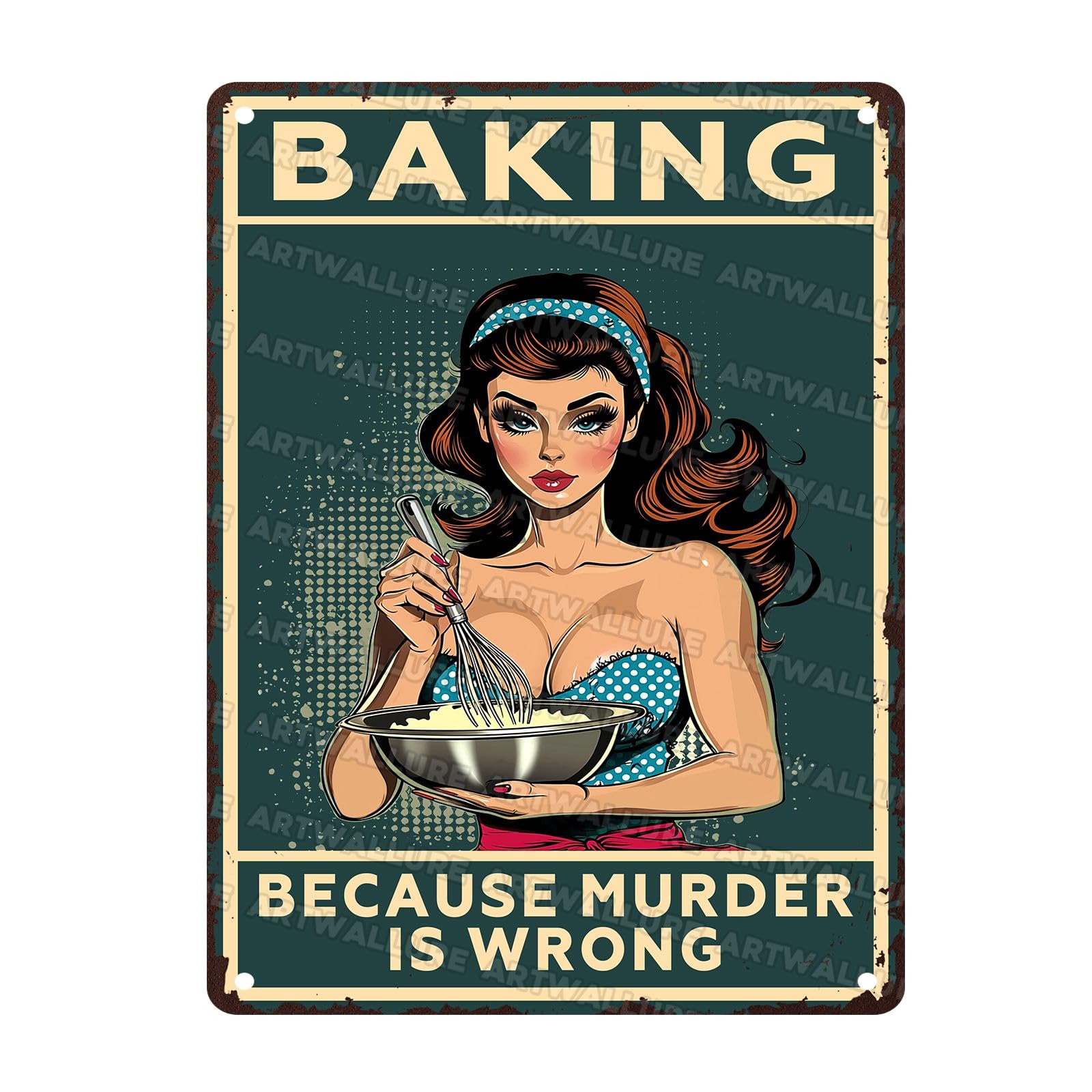 Vintage Metal Tin Sign Baking Because Murder Is Wrong Kitchen Decor Retro Wall Art Rustic Tin Plaque for Women Home Cafe Bar 12x16Inch