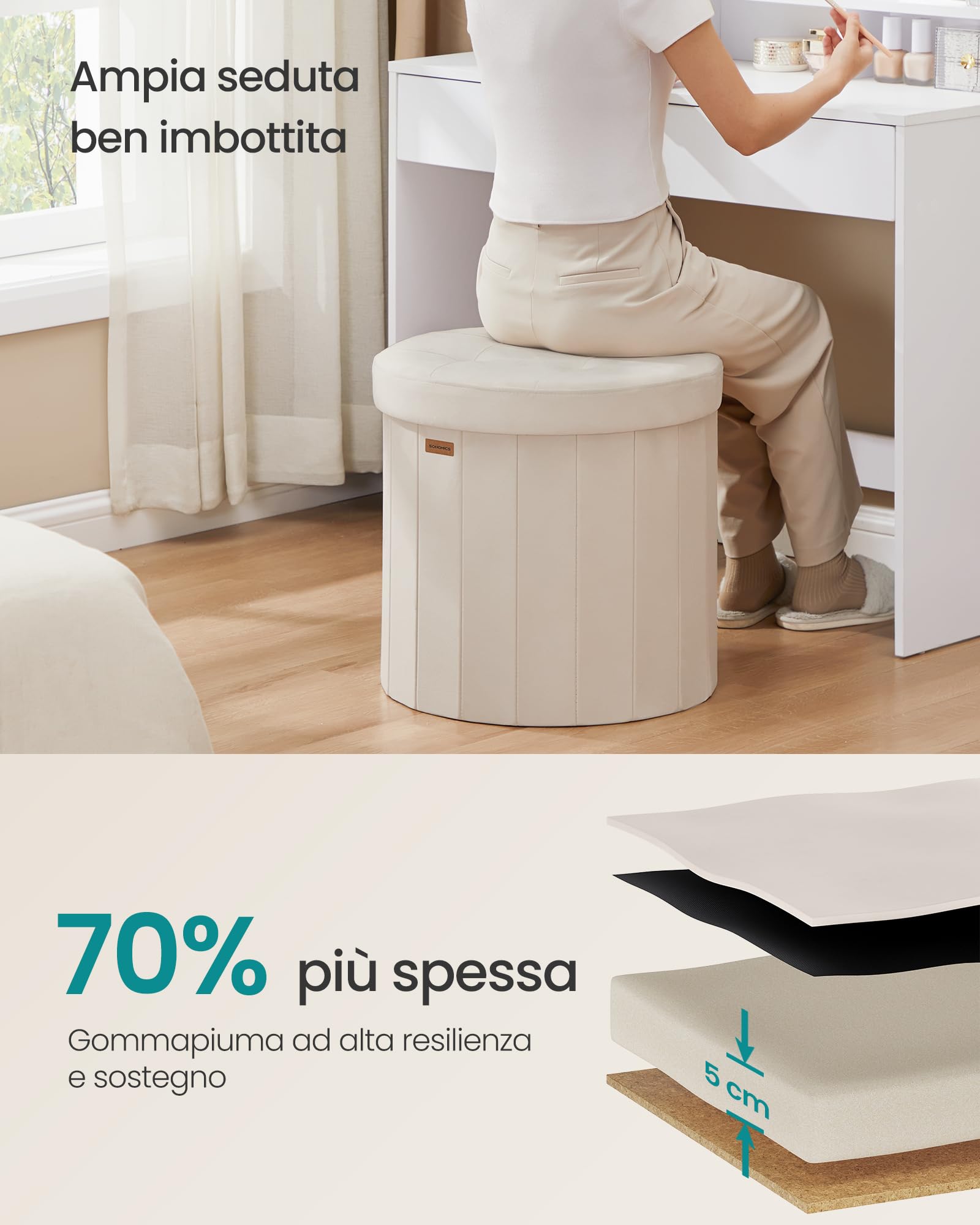 SONGMICS MAZIE Collezione - Pouf Contenitore Rotondo, Sgabello Poggiapiedi Pieghevole con Coperchio, Cassapanca, Montaggio Facile, Velluto per Camera, Soggiorno, Ingresso, Beige Cappuccino LSF608L01