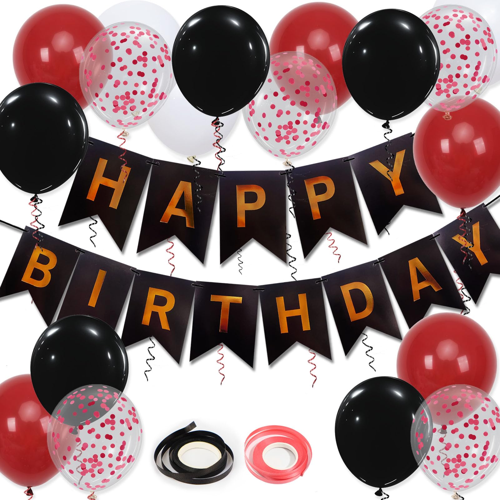 Happy Birthday Banner, Red Birthday Decoration, 16 pcs 12 inch Balloons with 2 Ribbons for Men Women Girls and Boys Party Decoration