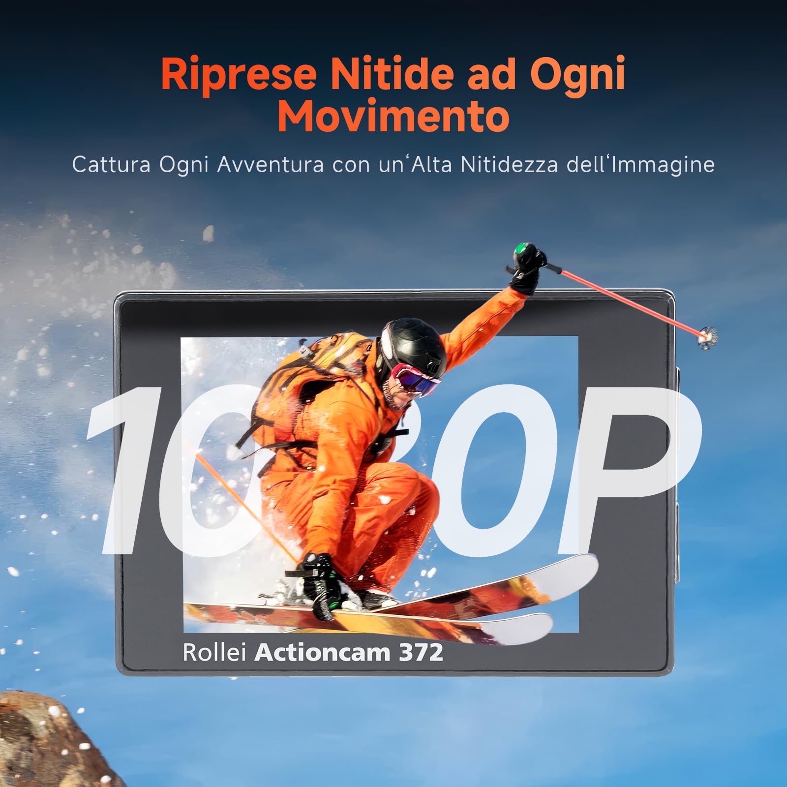 Rollei Actioncam 372 - Action-Camcorder con risoluzione video Full HD da 1080p/30 fps, Obiettivo grandangolare, impermeabile fino a 30 m, incl. custodia subacquea - Nero