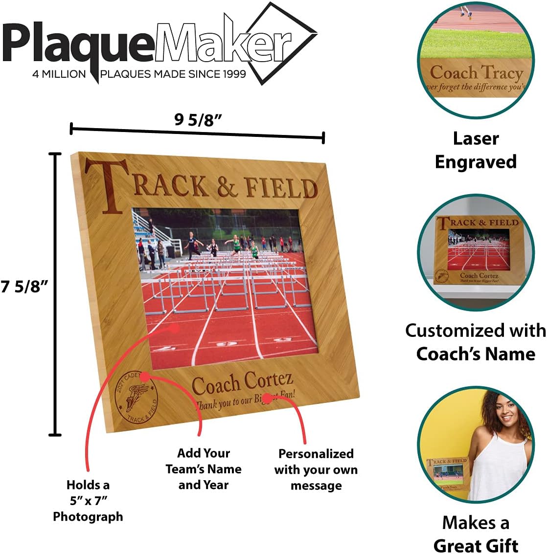 Coach Sports Themed Picture Frames - Include your Personal Text and 5 x 7" Photo (Track and Field)