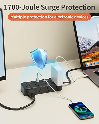 Miniatura 3 de Regletas de alimentación con protección contra sobretensiones, cable de extensión trenzado de 5 pies con múltiples tomas, 8 salidas de CA, 4 puertos