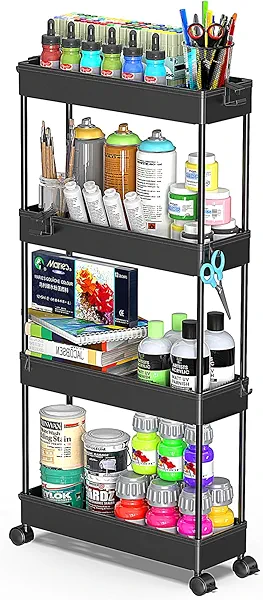 SPACEKEEPER Slim Rolling Storage Cart 4 Tier Bathroom Organizer Cart Mobile Shelving Unit Slide Out Utility Cart for Kitchen, Bthroom, Makeup, Craft, Laundry Narrow Places, Black