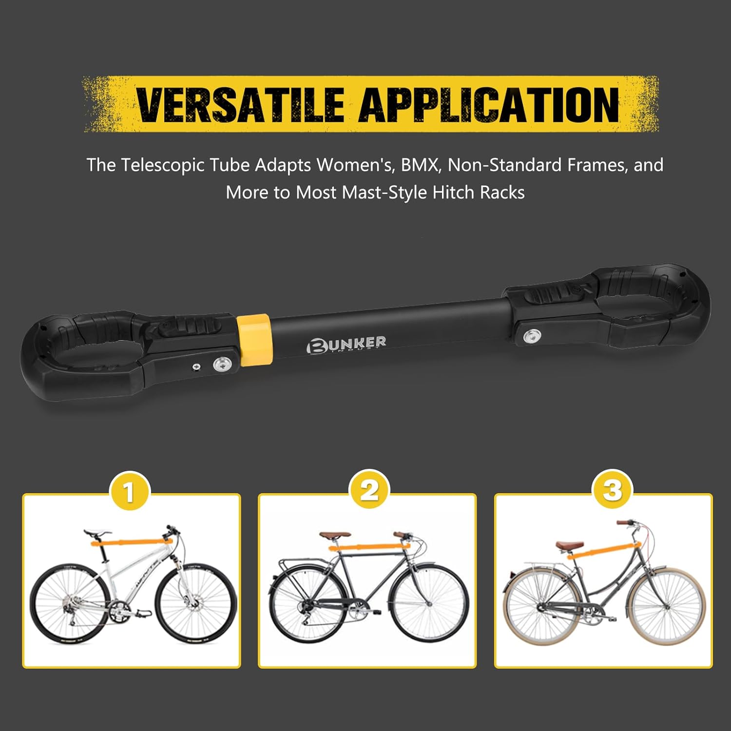 BUNKER INDUST 2 PCS E Bike Adapter Bar Fits Up to 100lbs for E Bike Rack, Adjustable Aluminum Bike Crossbar with Rubber Hooks, Adapt Diverse Bike Frames, Women's BMX & Non-Standard Frames