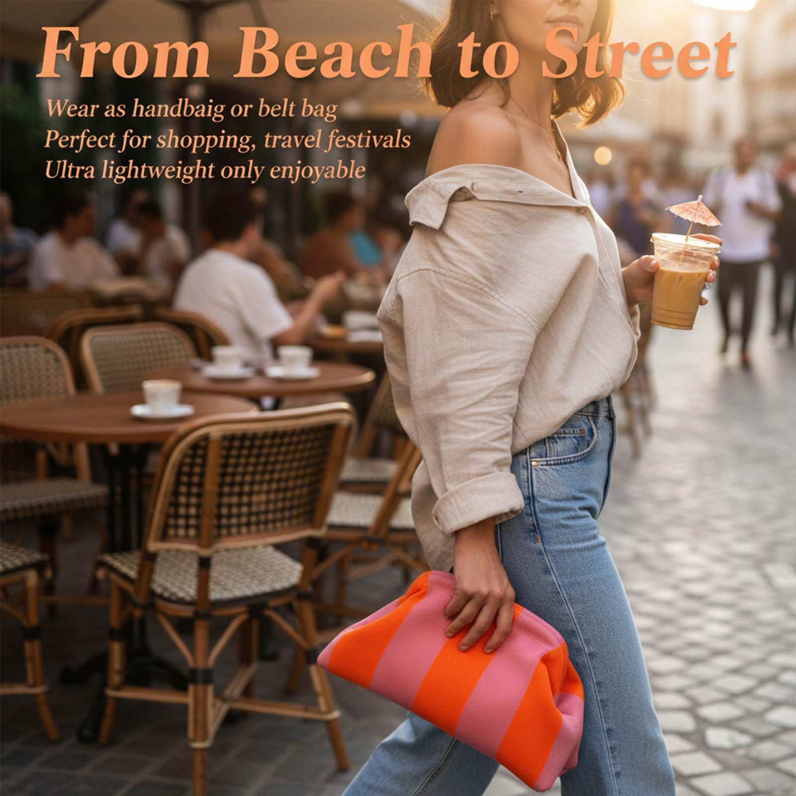 Sommer Strand Clutch Damen - Gestrickt Gestreift Knödel Clutch | Orange Pink Handtasche für Strand, Shopping & Reisen