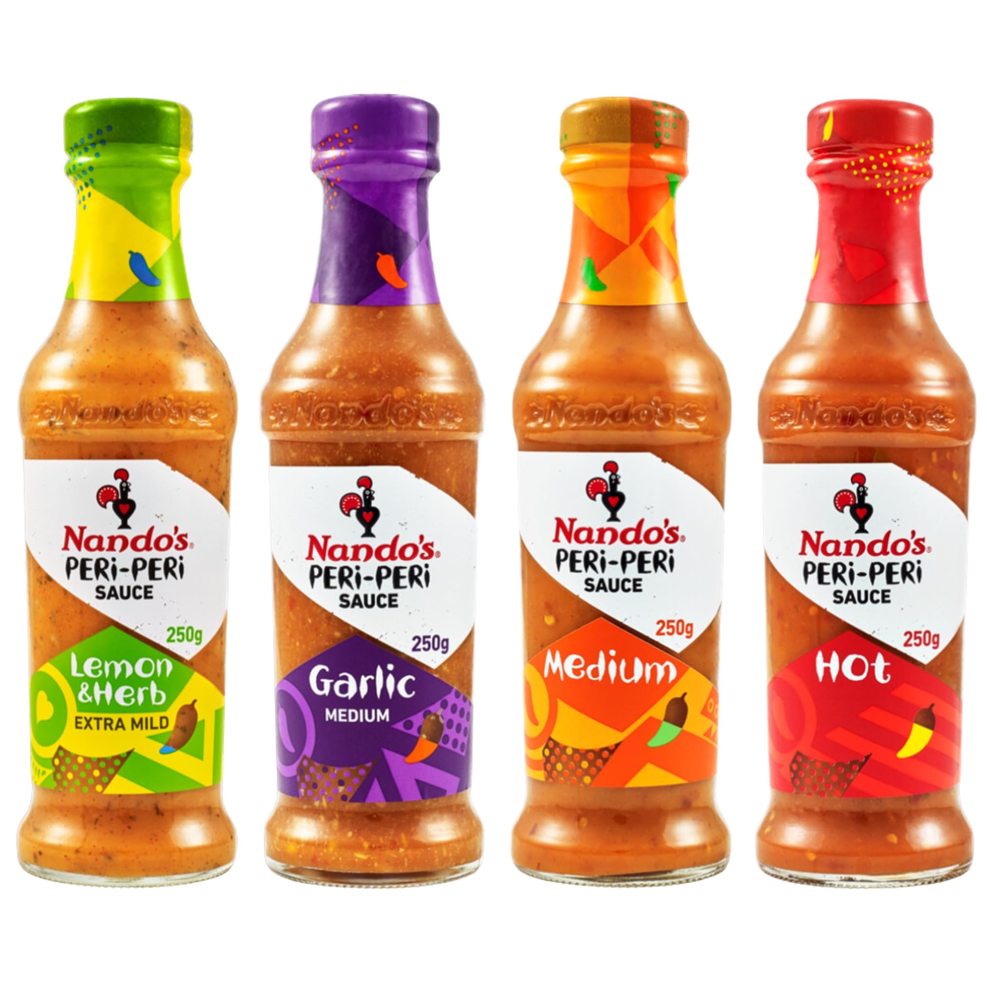 Nando's Coffret Sauces PERi-PERi - Lot de 4 x 250g – L&H, GAR, MED, HOT Combo - Sauces Pimentées Assorties