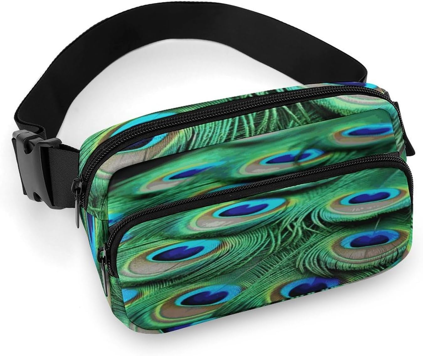 Green Peacock Feather Fanny Pack Belt Bag with Adjustable Strap Fashion Waist Bag for Outdoor Sports Hiking