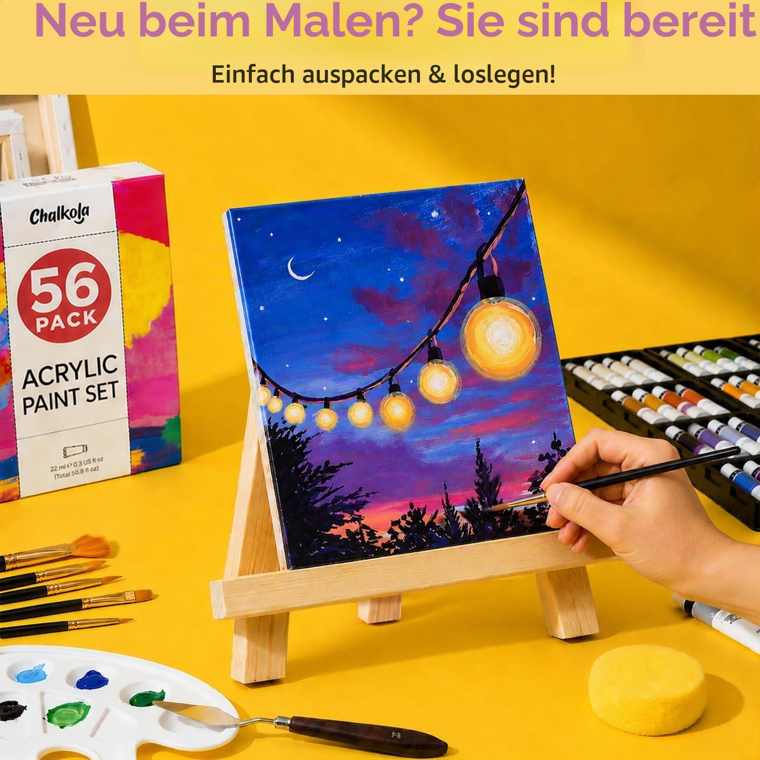 Chalkola Acrylfarben Set| 32x22ml Acrylfarbe mit 10 Leinwand, 10 Pinseln, Tischstaffelei| Acrylfarben für Leinwand Holz| Wasserfeste Acrylic Paint Set| leuchtenden Farben für Kinder, Profis, Anfänger