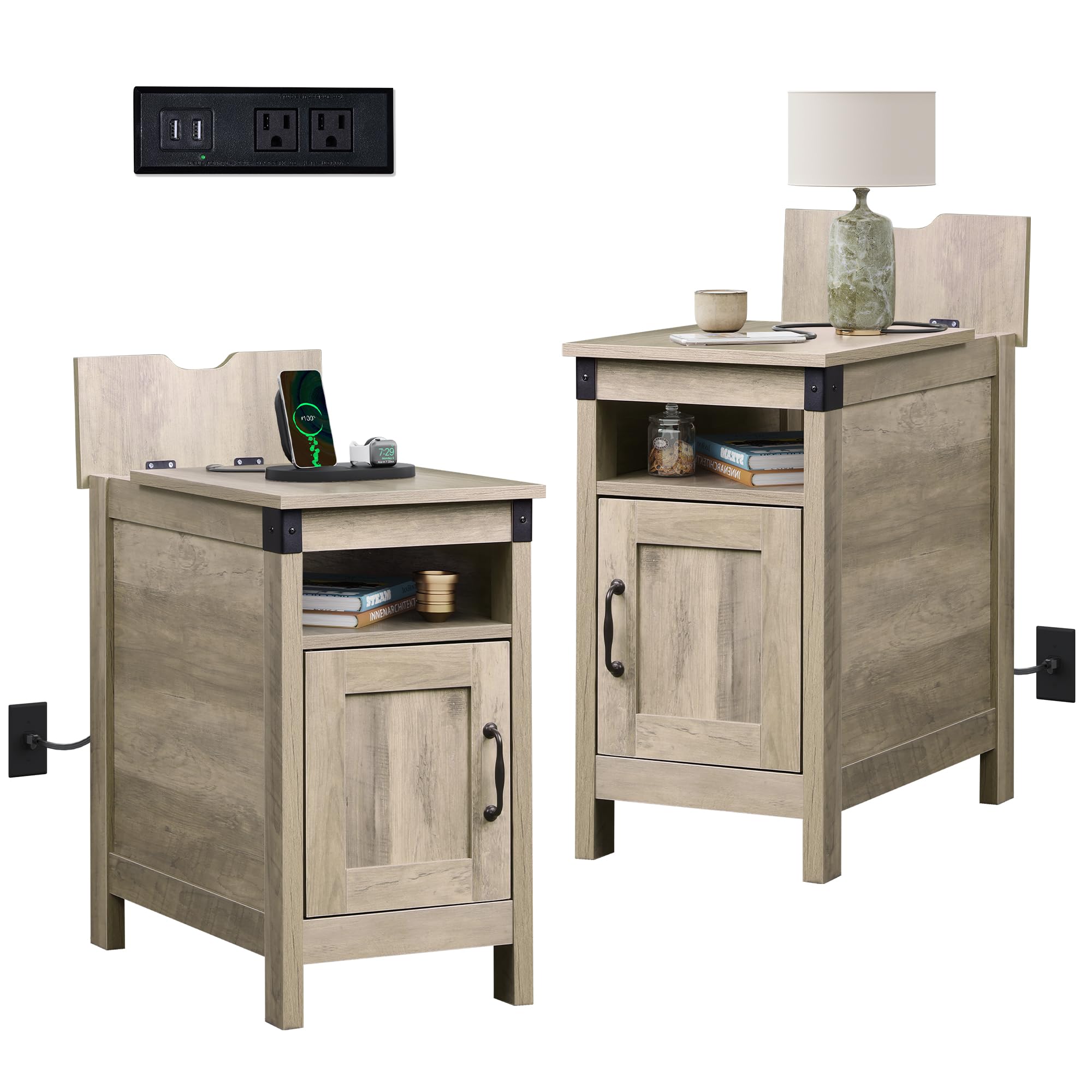 WLIVE Farmhouse End Table Set of 2 with Charging Station, Narrow Side Tables Living Room, Bedroom, Couch with USB Ports and Outlets, Wood Nightstand
