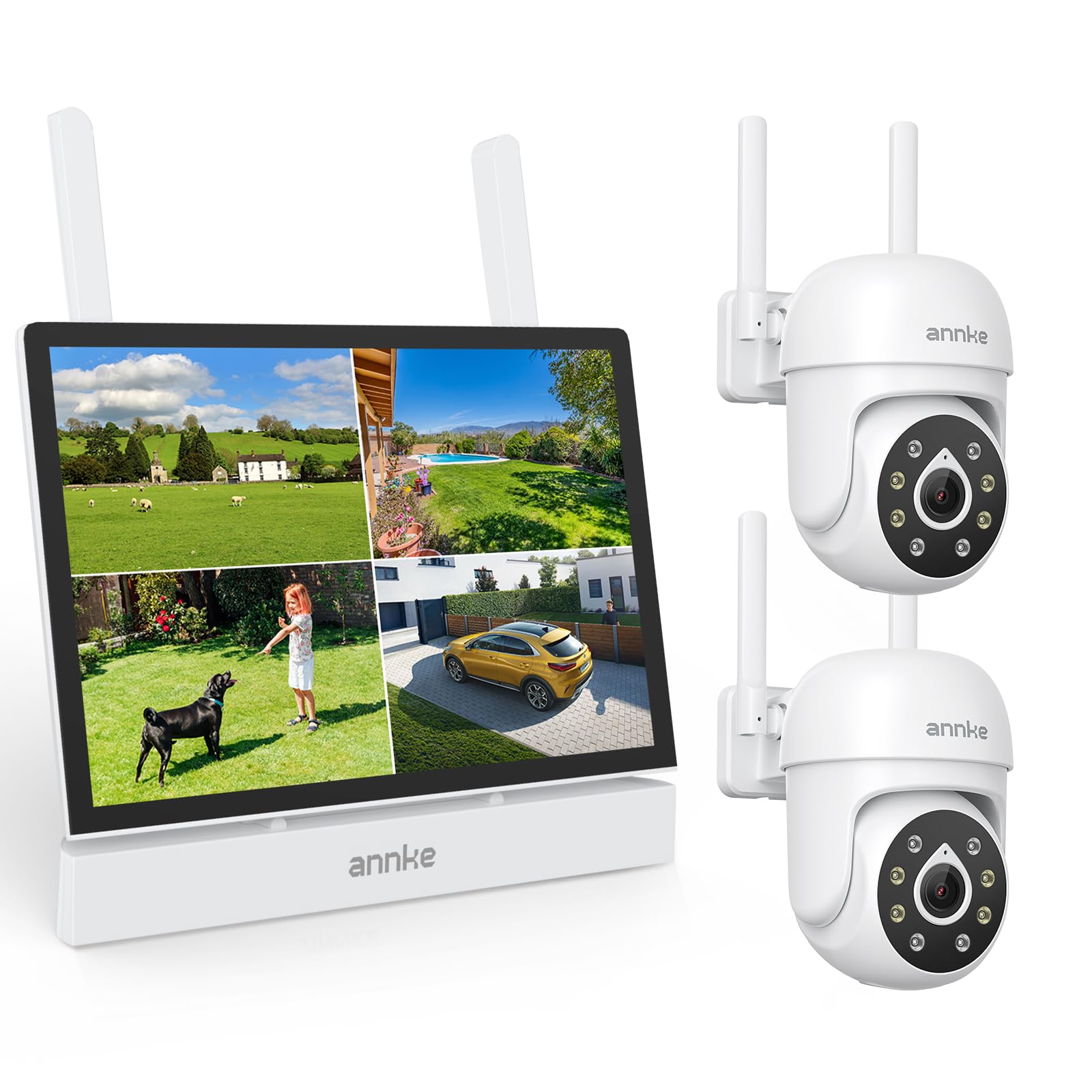 ANNKE Zestaw kamer monitoringowych z monitorem, 4CH 7" NVR z kamerami 5 MP, 64 GB | Ekran dotykowy 7", 2 x 3 K kamery WiFi PTZ, 2-drożne audio, alarm Spotlight, noktowizor, monitorowanie ruchu, nagrywanie 24/7