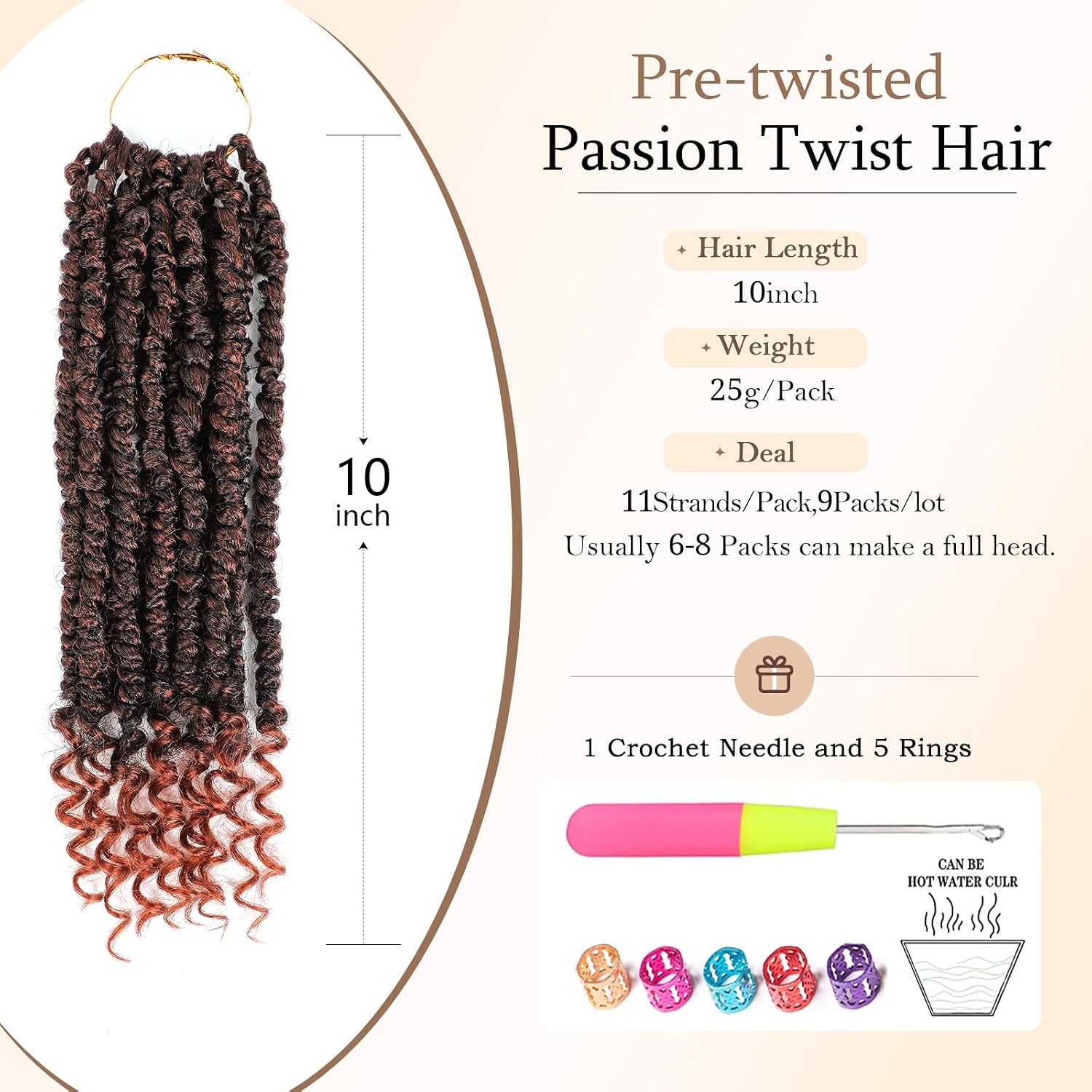 350 Passion Twist hair Pretwisted, 10 Inch 9 Packs Passion Twist Crochet Hair,Soft Pre Twisted and Looped Crochet Hair For Women, Short Curly Crochet Braids(10",T1B/350#)