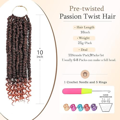 Miniatura 3 de Cabello pretrenzado 350 Passion Twist, 10 pulgadas, 9 paquetes de cabello de ganchillo Passion Twist, cabello de ganchillo suave pretrenzado y bucle