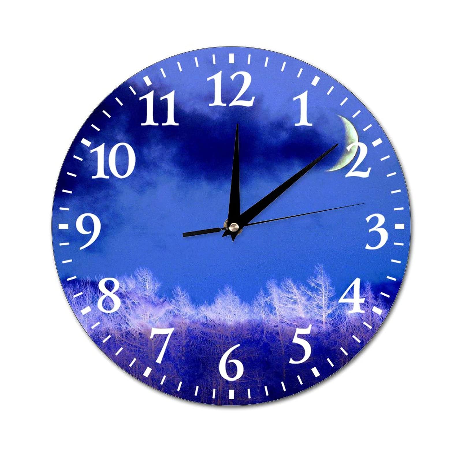 Modern Round Wall Clock Winter Crescent Celestial Snow Tree Ice Natural Scenery Wall Clocks for Kitchen, Office, Retro Hanging Clock, 12 Inches