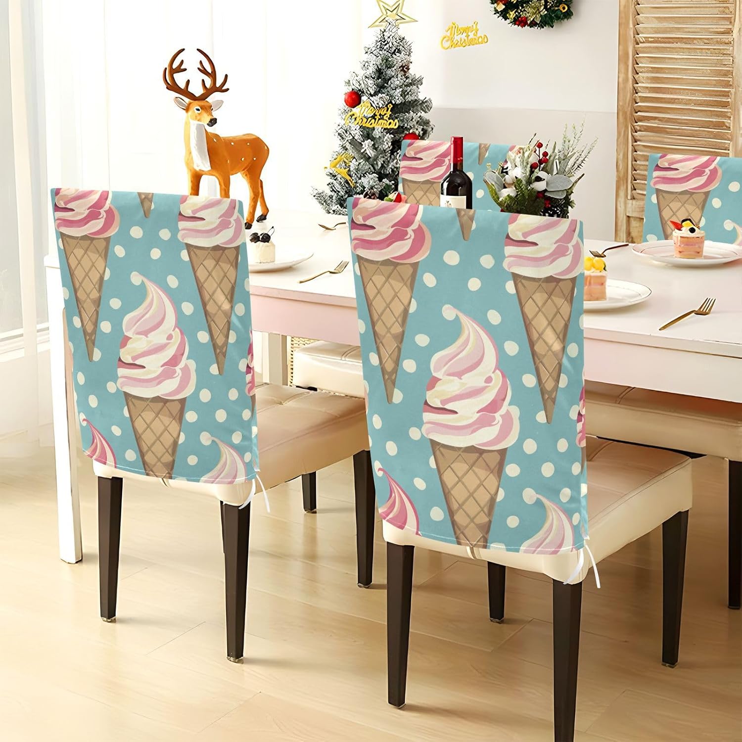 ALAZA Ice Cream Polka Dots Chair Back Cover Set of 6, Washable Reusable Removable Chair Slipcovers Decorative Chair Cover for Home Kitchen Wedding Party
