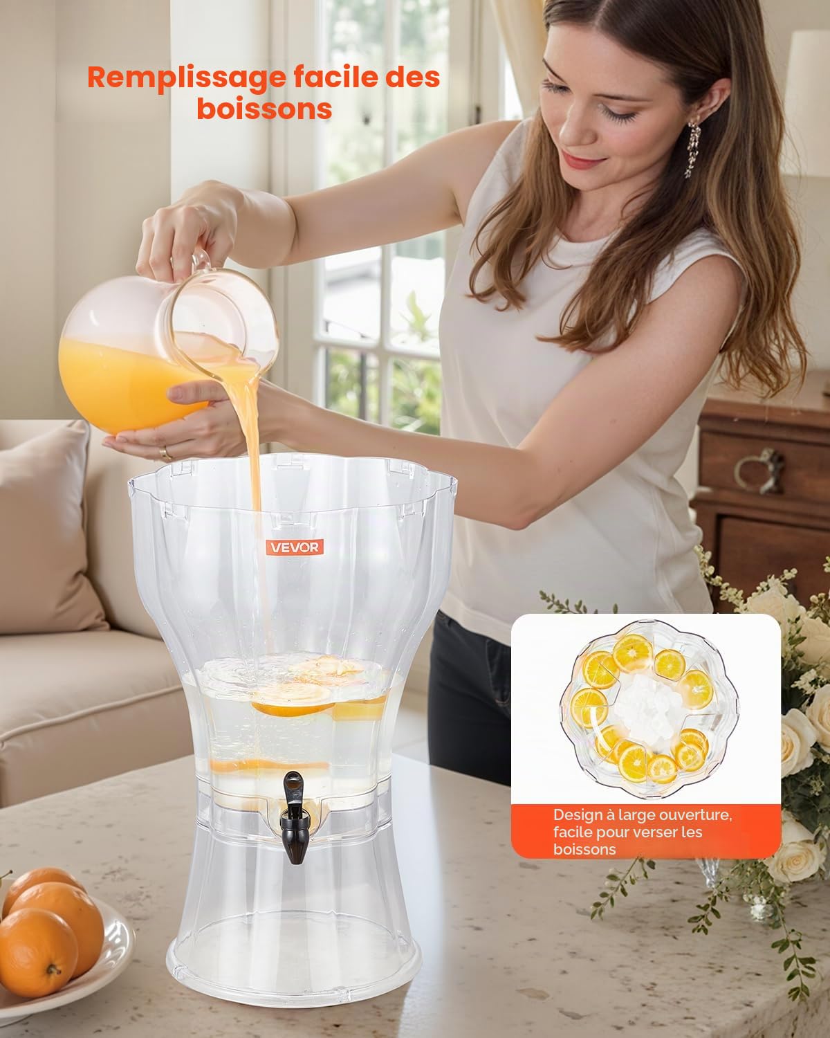 VEVOR Distributeur de Boissons avec Grande Capacité 13 L, Fontaine à Eau en Plastique, Distribution d’Eau Jus Limonade Thé Glacé, avec Robinet Anti-goutte, pour Restaurants Cafés Hôtels Fêtes