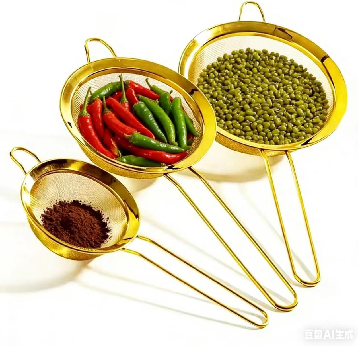 Three-piece Suit Baking SiftersWire ExtraMesh Strainer with Handle Oversized Extended Handle Stainless Steel Sieve Fine Mesh Strainers for Kitchen Rice Juice Quinoa Food Flour Baking(Golden)