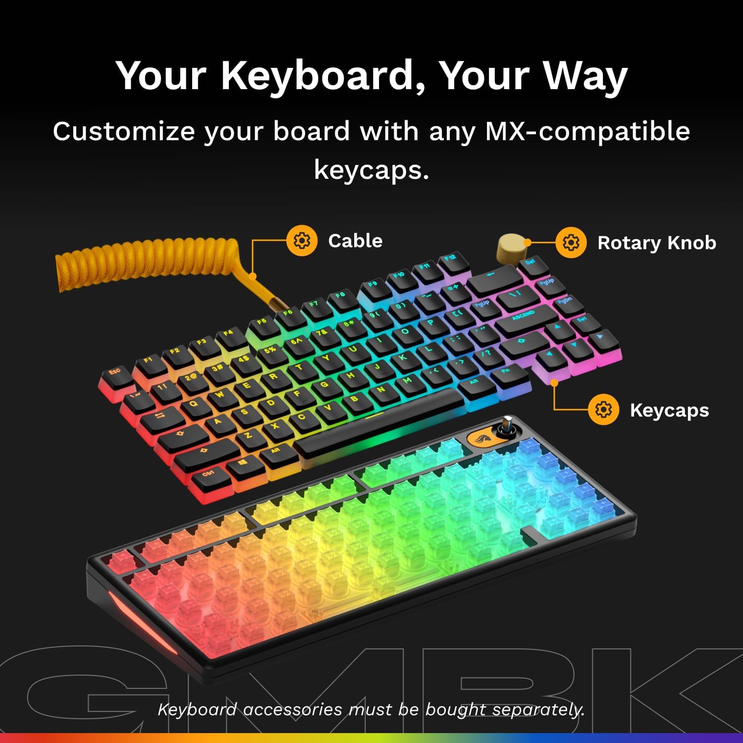 Glorious GMBK 75% keyboard with various customizable components like keycaps, cable, and rotary knob