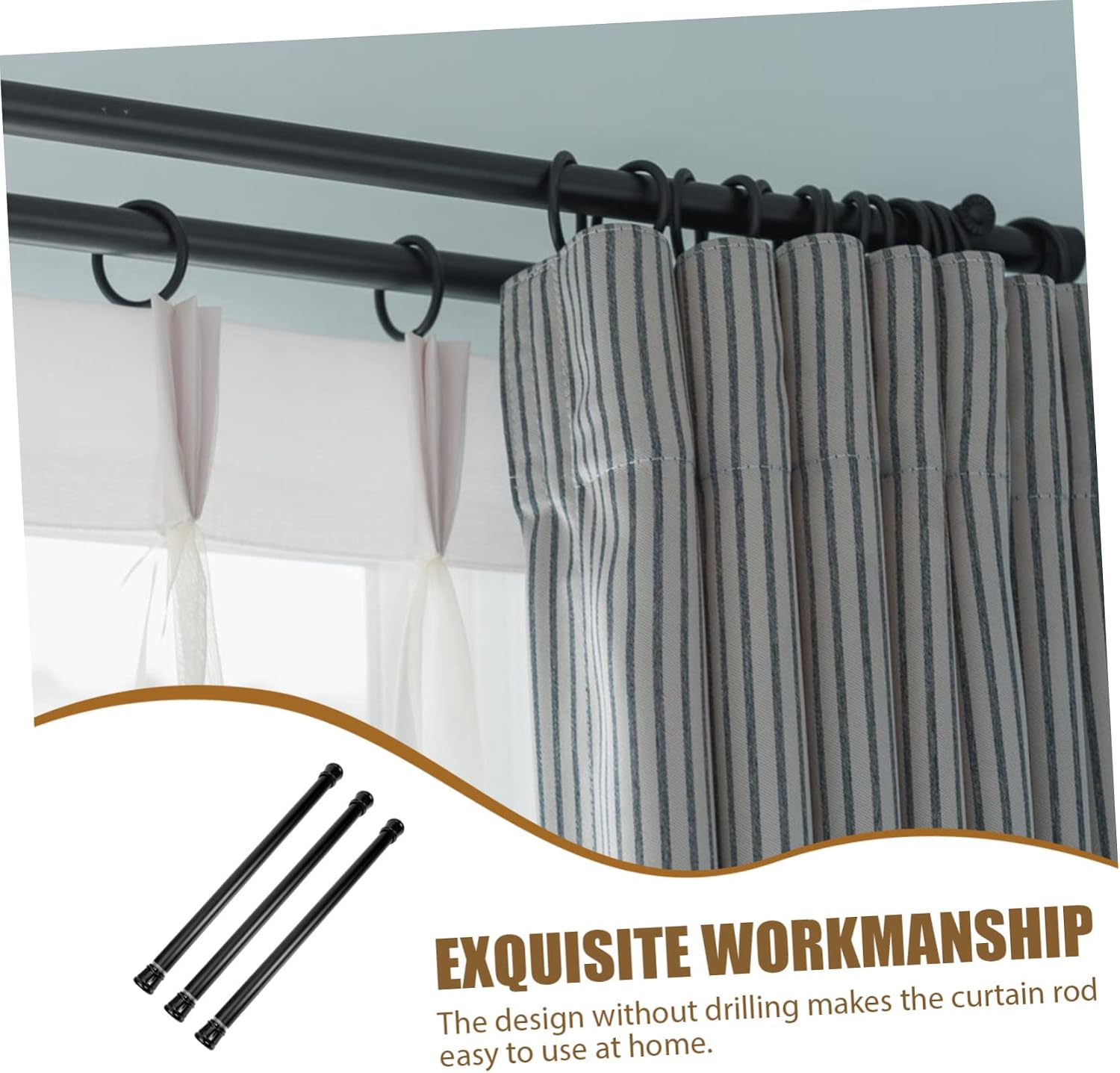 LIFKOME 3pcs Heavy Duty Tension Curtain Rods Black Wear-resistant Stretchable Pole