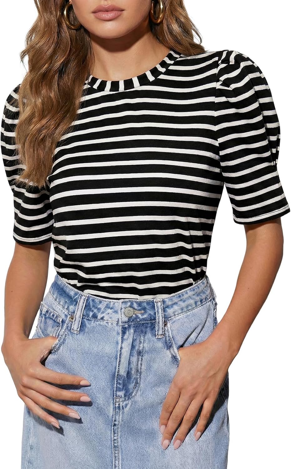 Dokotoo Women's Casual Short Puff Sleeve Crew Neck Striped T Shirts Summer Tops - Image 2