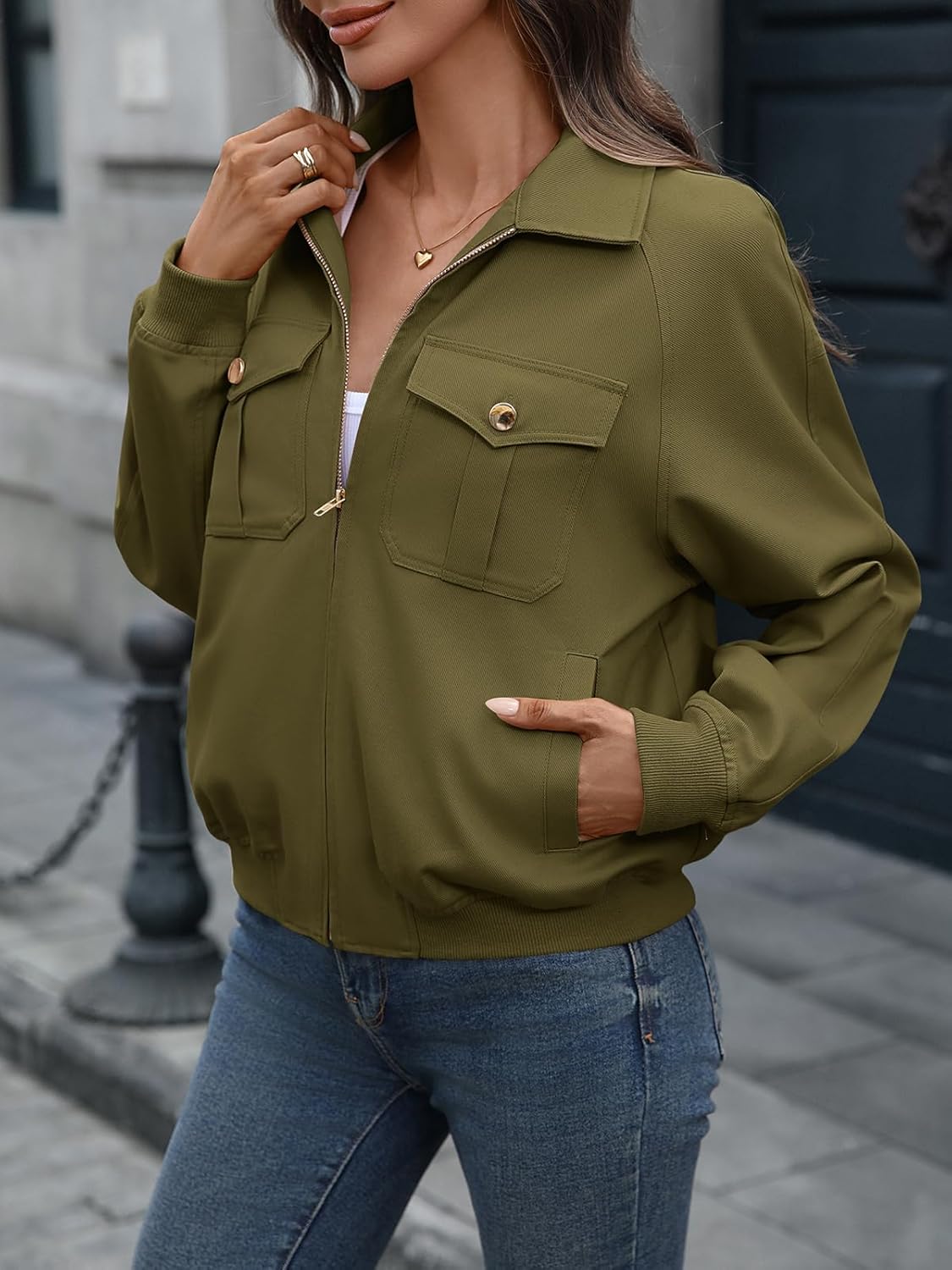 Women's Crop Zip Up Bomber Jacket Long Sleeve Collar Ribbed Hem Oversize Casual Jackets Cotton Tencel Chest Pockets - Image 3
