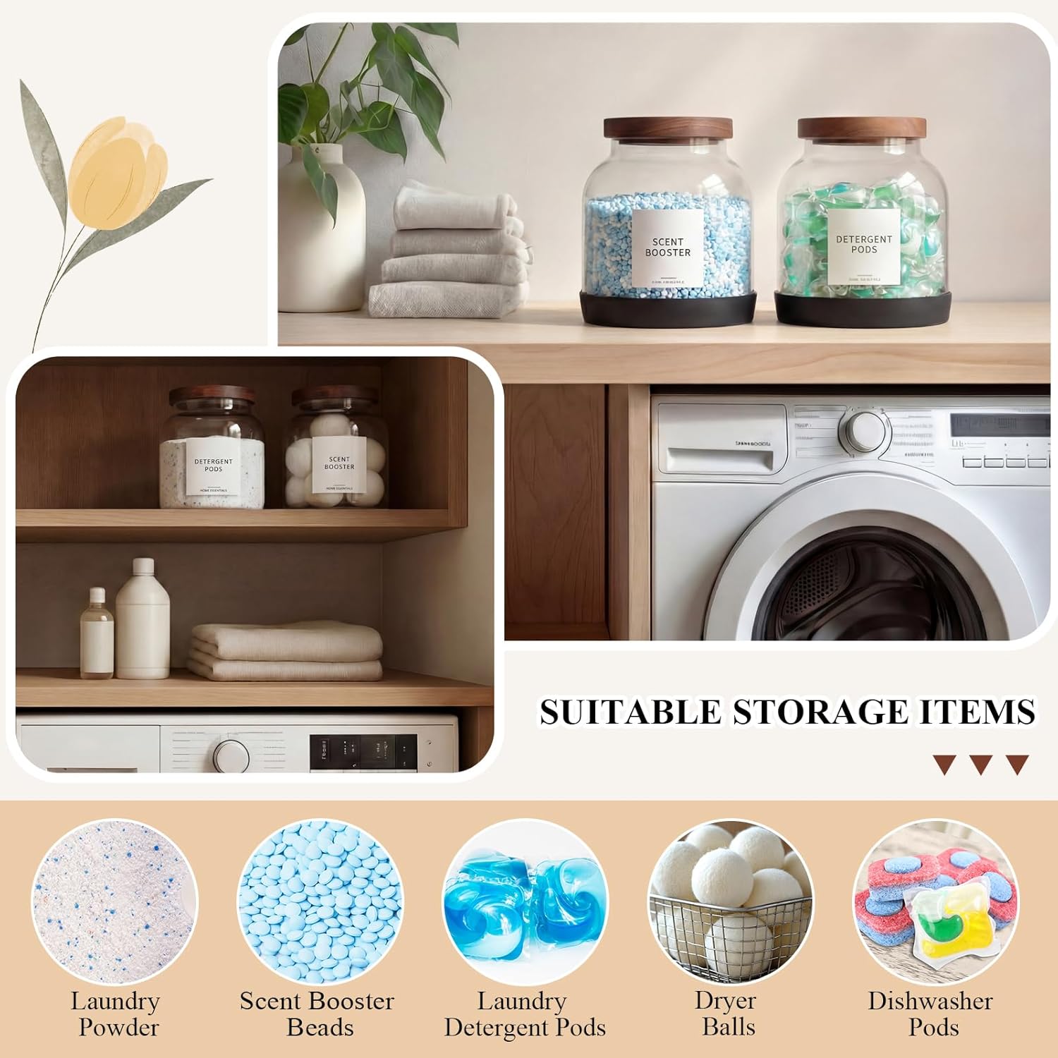 Zhehao 2 Pack Glass Laundry Pods Container with 30 Labels, Scoops, Non Slip Base, Wood Lid, Half Gallon Laundry Detergent Container Powder Containers Canisters Set Laundries Room Organization Jars